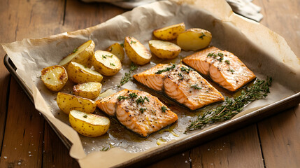 Succulent salmon fillets alongside golden roasted potatoes create a comforting feast.