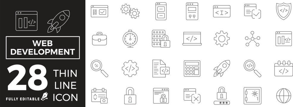 Web Development Icon set of web and mobile in thin line style. Developer Icons & Symbols Containing Code, api, programmer coding, app, flow, node, connect and more