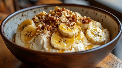 A bowl of creamy banana ice cream topped with caramelized banana slices and walnuts