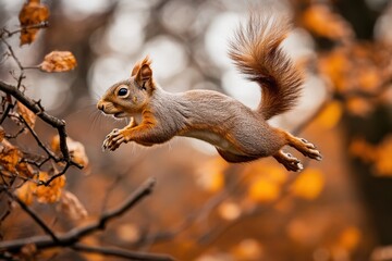 Obraz premium A cute red squirrel is jumping mid-air in the forest during fall. Showcasing wildlife or the beauty of autumn landscapes in your project.