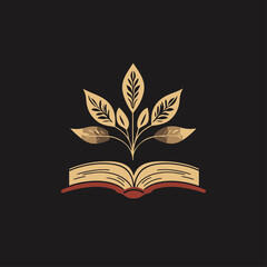 Open book with golden plant illustration on a dark background graphic.