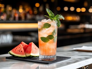 Watermelon Mojito Cocktail with Fresh Mint &ndash; Refreshing Summer Drink at a Bar