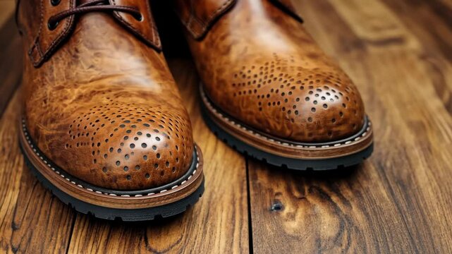 Elegant Brown Leather Brogue Boots on Wooden Floor