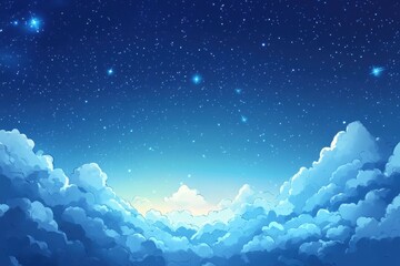 Starry night, fluffy clouds, and a gradient blue sky illustration. Ideal for backgrounds, fantasy art, and whimsical digital creations.