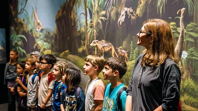 Awe-Inspired Expedition: A group of attentive students, led by their instructor, embark on a journey into the realm of prehistoric marvels within a museum exhibit. The vibrant mural.