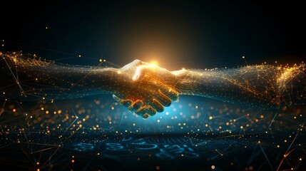 Businessman shaking hands symbolizing global partnership with stock market and digital connectivity