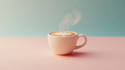 A warm cup of coffee with lovely latte art and steam