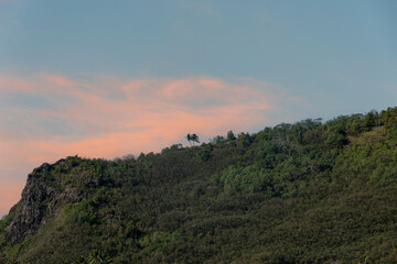 Lever de soleil rose sur la montagne de Mo'orea en Polynésie