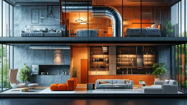 Modern Duplex Apartment Interior Design: Glass Walls, Industrial Chic