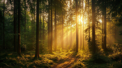 Fototapeta premium Golden sunlight streaming through majestic forest trees path calm mist woods green image rural nature