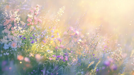 Obraz premium Sunlight shining through the grass, illuminating small white flowers in springtime season, Dreamlike mystical gardens with vibrant flowers, as vibrant blossoms sway in harmony with the gentle breeze.