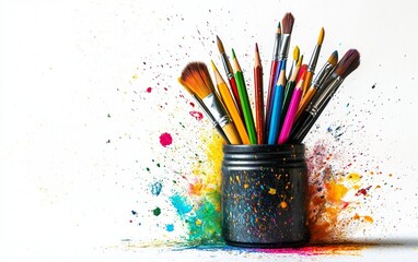 Vibrant assortment of painting brushes in a container with colorful splashes on a white background