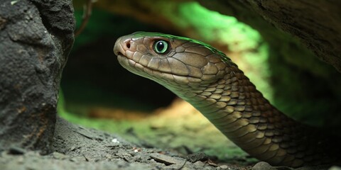 Fototapeta premium Hiding snake emerges from dark cave with striking green eyes during daylight in natural habitat