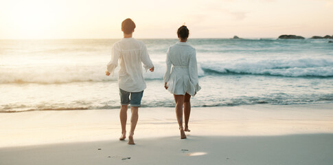 Back, beach and couple with love, running and energy with weekend break, honeymoon and marriage....