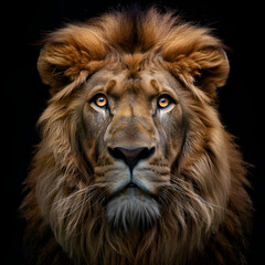 Fototapeta premium Black and white lion staring with intense blue eyes lion in black and white with blue eyes White lion with blue eyes portrait, looking straight at the camera, Generative AI
