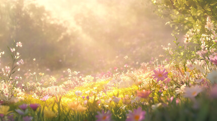 Fototapeta premium Sunlight shining through the grass, illuminating small white flowers in springtime season, Dreamlike mystical gardens with vibrant flowers, as vibrant blossoms sway in harmony with the gentle breeze.