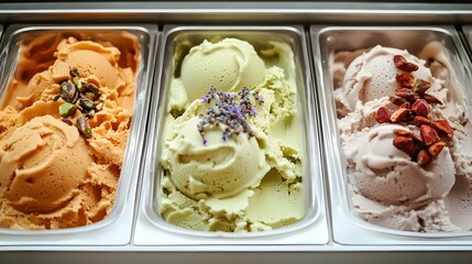 Artisanal gelato trio with pistachio hazelnut and citrus flavors