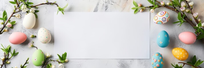 Easter template mockup with decorated eggs and spring blossoms on white background. Top view. Flat lay. Copy space. Easter template