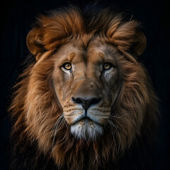 Fototapeta premium Black and white lion staring with intense blue eyes lion in black and white with blue eyes White lion with blue eyes portrait, looking straight at the camera, Generative AI