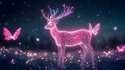 A glowing deer with butterfly wings, gracefully moving through a bioluminescent meadow