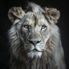 Fototapeta premium Black and white lion staring with intense blue eyes lion in black and white with blue eyes White lion with blue eyes portrait, looking straight at the camera, Generative AI