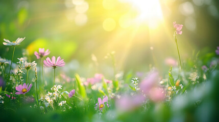 Sunlight shining through the grass, illuminating small white flowers in springtime season, Dreamlike mystical gardens with vibrant flowers, as vibrant blossoms sway in harmony with the gentle breeze.