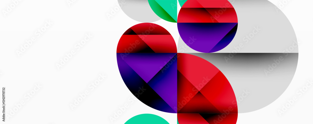 Poster Abstract geometric design with intersecting circles, triangles, squares and sharp angles creating a layered composition with gradients, depth, and contrast