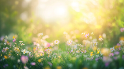 Obraz premium Sunlight shining through the grass, illuminating small white flowers in springtime season, Dreamlike mystical gardens with vibrant flowers, as vibrant blossoms sway in harmony with the gentle breeze.