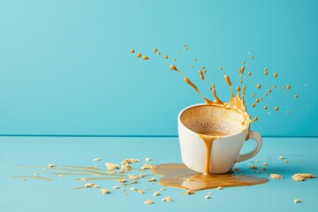 A person spilling coffee on themselves right before an important meeting, but reacting with a lighthearted shrug and laughter instead of stress. 