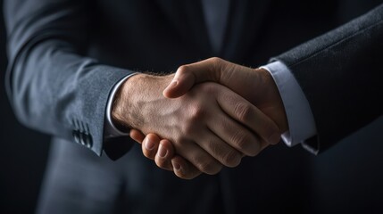 Obraz premium A close-up of two hands in a handshake, symbolizing agreement, partnership, or collaboration, set against a dark background.