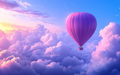 Fototapeta premium Colorful hot air balloon soaring through fluffy clouds at sunset in vibrant sky