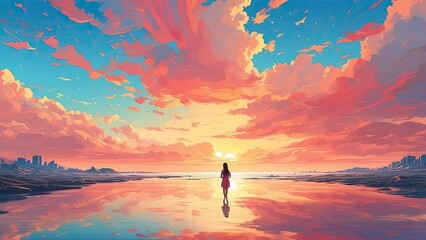 A vibrant sunset sky with hues of orange, pink,