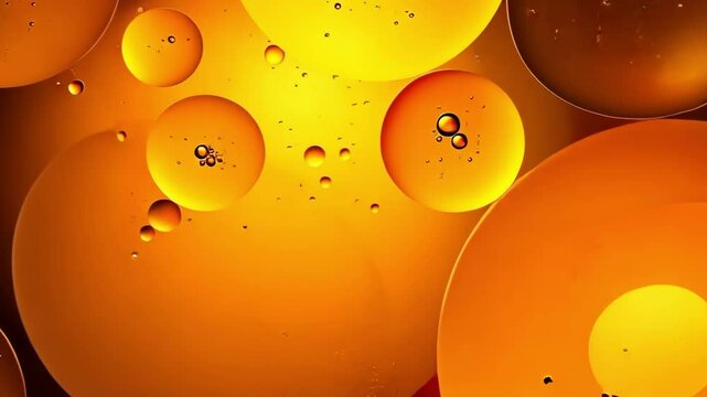 Abstract orange background with many round bubbles and small droplets close up macro shot