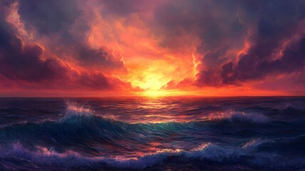 Fototapeta premium Fiery sunset over ocean waves, dramatic sky, peaceful background, ideal for travel brochures