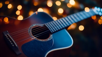 Acoustic Guitar with Bokeh Lights, Serene Nighttime Musical Ambience