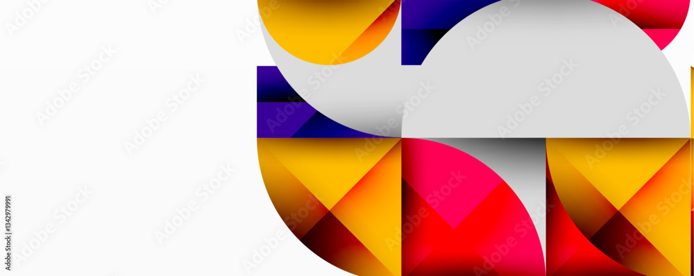 Poster Abstract geometric artwork with overlapping circles and gradients, circle square triangle shapes background featuring sharp angular cuts, smooth shading, and structured layered composition