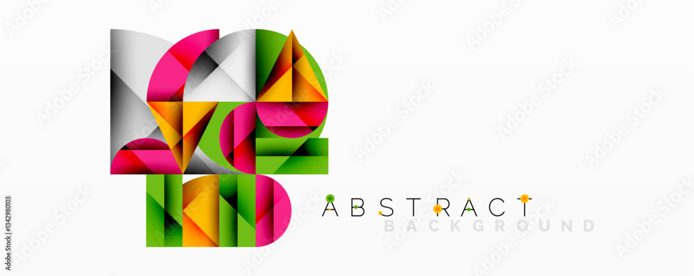 Poster Abstract geometric design with intersecting circles, triangles, squares and sharp angles creating a layered composition with gradients, depth, and contrast