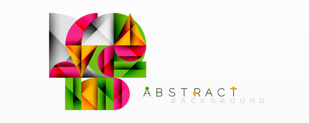 Abstract geometric design with intersecting circles, triangles, squares and sharp angles creating a layered composition with gradients, depth, and contrast