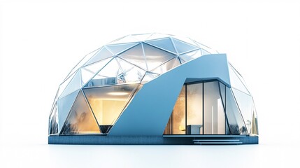 Futuristic geodesic dome home design, modern architecture, white background, interior visible
