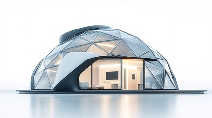 Futuristic geodesic dome house, modern architecture, minimalist interior, white background, architectural design