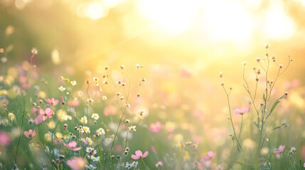 Sunlight shining through the grass, illuminating small white flowers in springtime season, Dreamlike mystical gardens with vibrant flowers, as vibrant blossoms sway in harmony with the gentle breeze.