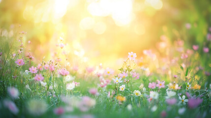 Fototapeta premium Sunlight shining through the grass, illuminating small white flowers in springtime season, Dreamlike mystical gardens with vibrant flowers, as vibrant blossoms sway in harmony with the gentle breeze.