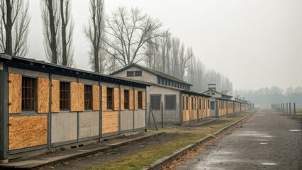 Obraz premium Abandoned Row of Empty Weathered Chicken Coops in a Desolate Rural Landscape