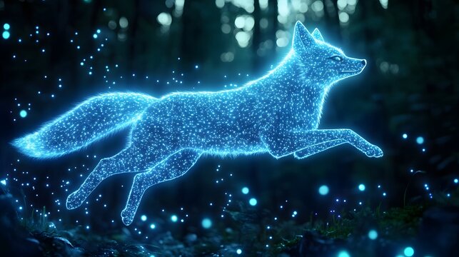 A bioluminescent fox glowing in the dark, leaping through a magical fantasy forest