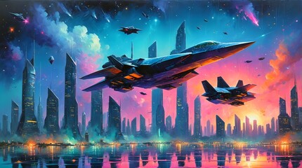 Obraz premium Futuristic Air Superiority: A Dynamic Scene of Fighter Jets Flying Over a Futuristic City with a Colorful Sky. Neon City Patrol. Future Warfare. 1