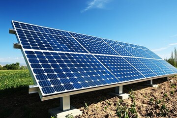 Large solar panel array generating renewable energy in a sunny field