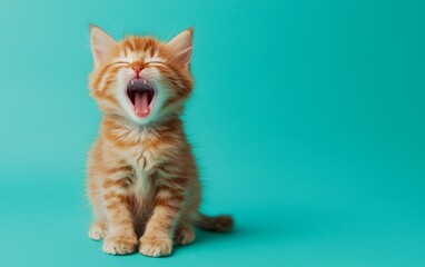 Obraz premium Happy orange kitten yawns against a bright turquoise background with playful expression and soft fur