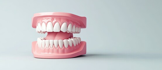 Fototapeta premium A model of human teeth showing a pink base with white teeth, designed for educational purposes or dental demonstrations.