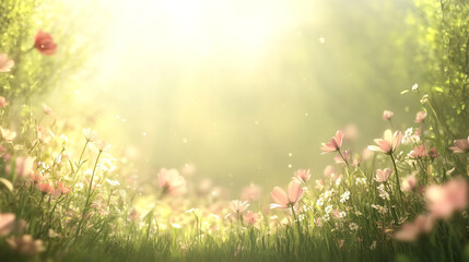 Fototapeta premium A serene countryside view of a spring meadow at sunrise, Sunlight shining through the grass, illuminating small white flowers in springtime season, Dreamlike mystical gardens with vibrant flowers.