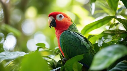 Naklejka premium Beautiful macaw with red head and green body amidst lush tropical foliage. Perfect for travel brochures or exotic nature themed projects.
